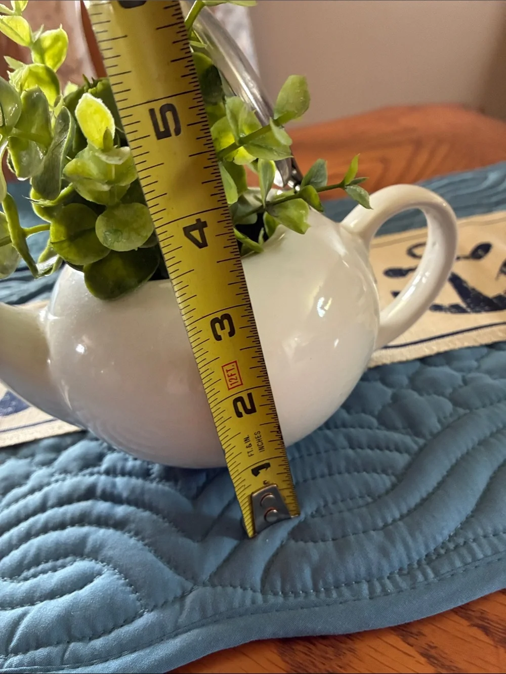 White Ceramic Teapot Planter with Green Faux Eucalyptus